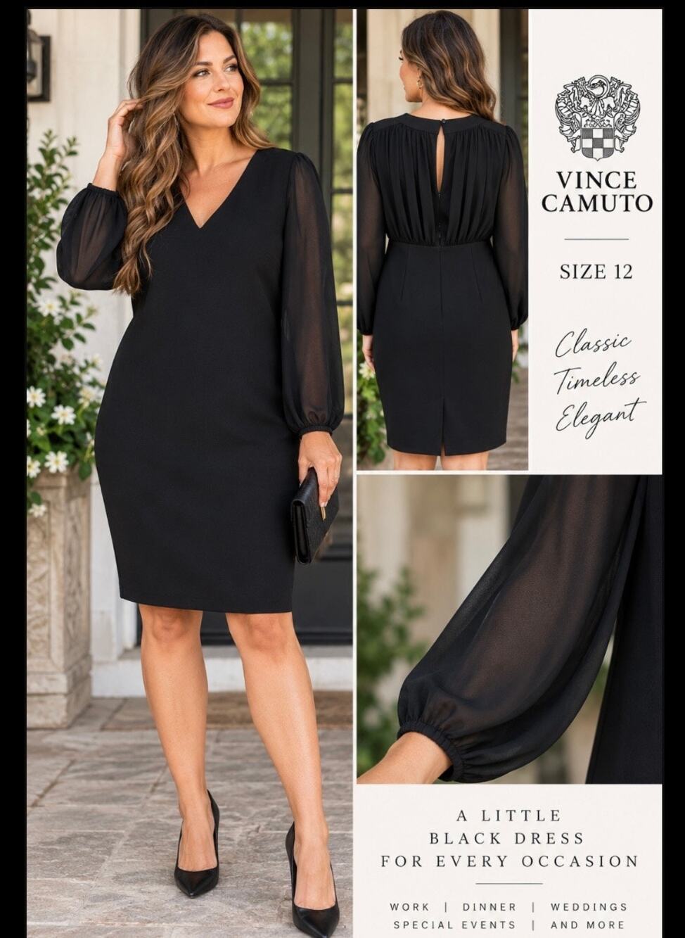 Vince Camuto Black Dress Size 12 Sheer Long Sleeve V Neck Cocktail Sheath